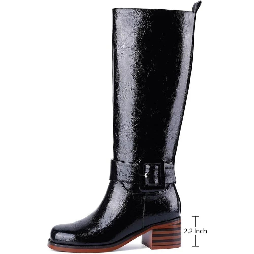 Women's B-black Chunky Low Heel Pull On Riding Comfortable Knee High Boots